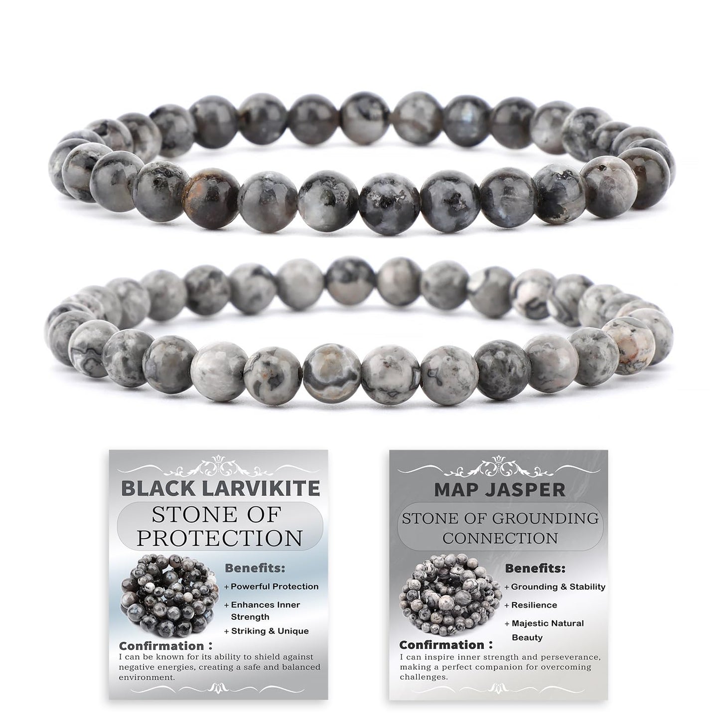 NCB 2-Piece 6mm Natural Crystal Gemstone Stretch Bracelets – ﻿Black Larvikite, Map Jasper Handmade Reiki Energy Healing Jewelry for Meditation,Yoga, Unisex