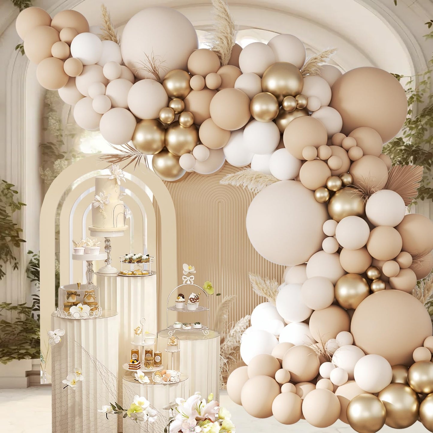 147pcs Neutral Balloon Arch Kit, Neutral Balloon Garland with Nude Sand White Metallic Gold Balloons for Wedding Birthday Baby Shower Decorations