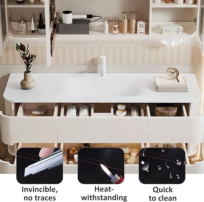 64IN Bathroom Vanity - Bathroom Vanity with Sink with Intelligent Induction Light | Wall-Mounted Bathroom Vanity with Intelligent LED Mirror Cabinet & 6 Drawers, Cream Color