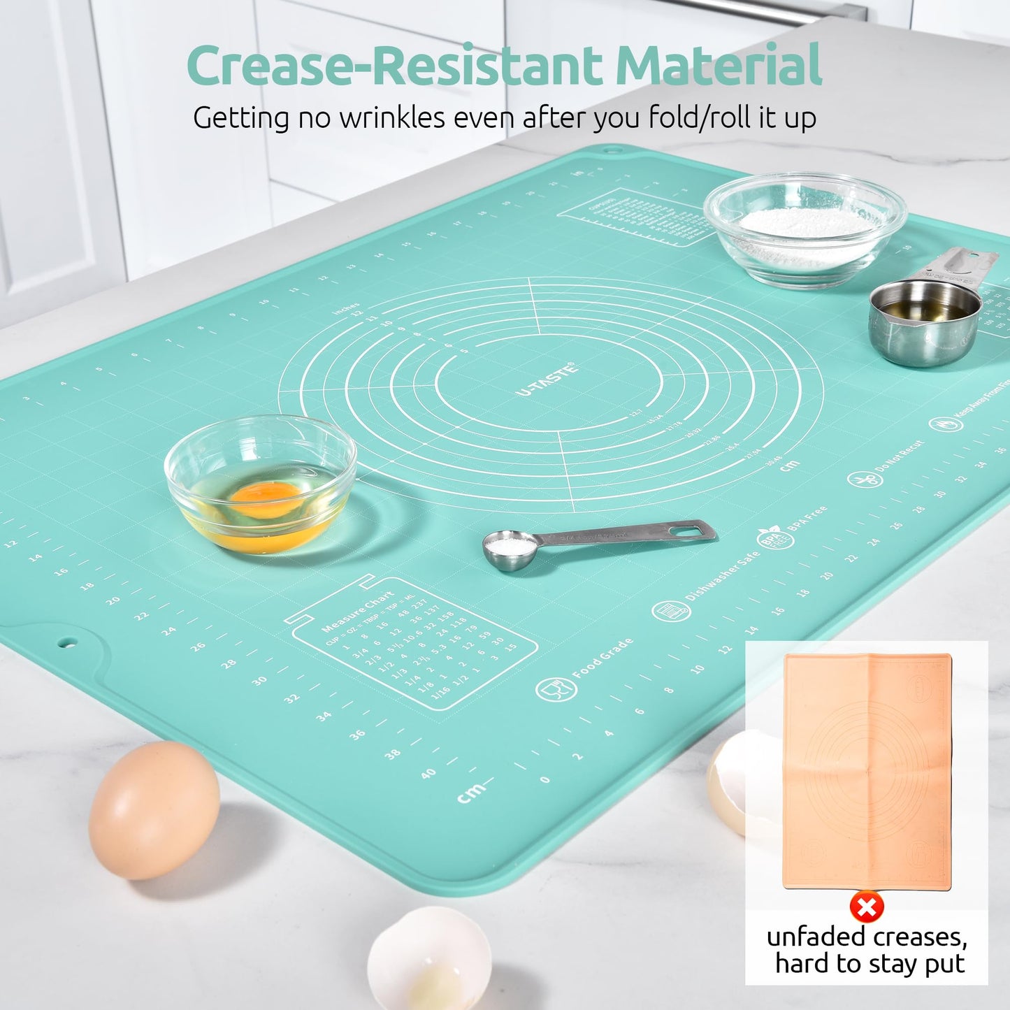U-Taste 28"x20" Large Pastry Mat: Food-Grade Liquid Silicone Dough Rolling Baking Sheet, Non-Stick Non-Slip for Kneading, Making Pizza, Fondant, Pie with Clear Measurement and Raised Edges (Aqua Sky)