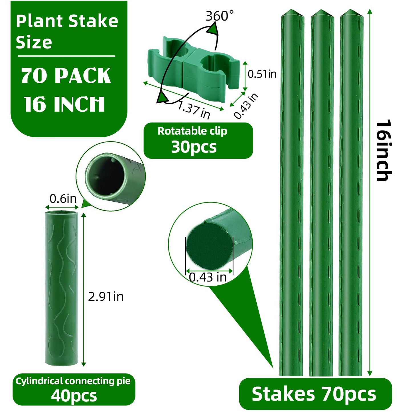 Fabulas Garden Stakes 16 Inch 70 Pack, Diy 4ft 5ft 6ft 7ft 8ft Tomato Stakes Plastic Coated Metal Plant Sticks Stakes Supports with 40 Connectors 30 Rotatable Clips for Indoor Outdoor Plants Vegetable