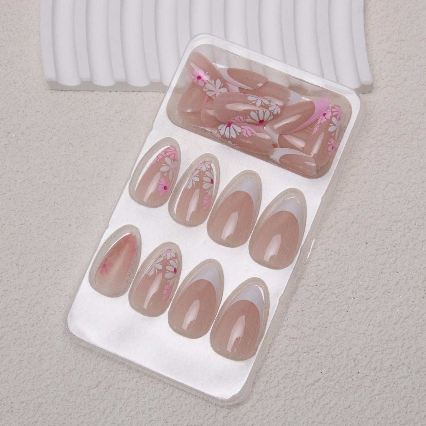 French Tip Press on Nails Medium Almond Fake Nails Spring Flowers Acrylic Nails Pink Floral False Nails Glossy Artificial Glue on Nail for Women Manicure Nail Decoration 24Pcs