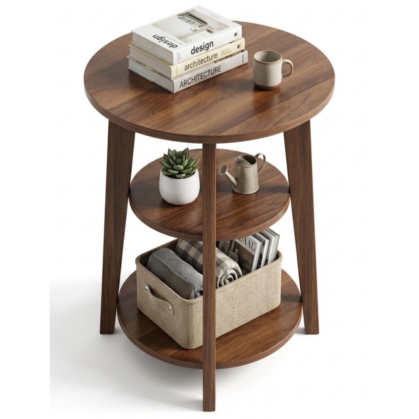 DURISEN 3-Tier Round Side Table - 23.6" Tall End Table with Storage Shelves - Waterproof Modern Nightstand for Living Room Bedroom Small Spaces (Walnut)