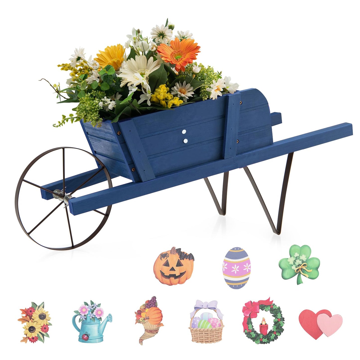 SlickBlue Wooden Garden Wagon Planter with Decorative Accessories for Yard Patio