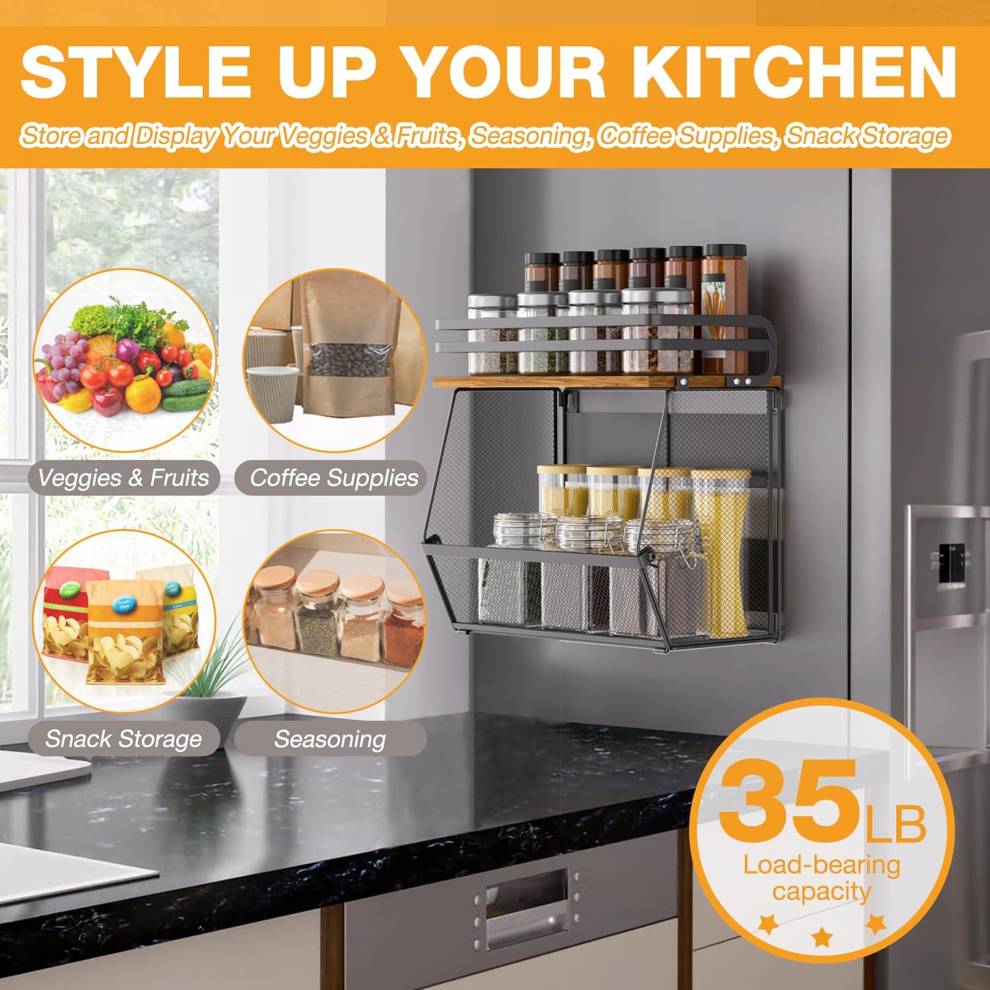 Magnetic Shelf for Fridge with Wood Lid, Large Capacity Magnetic Spice Rack for Refrigerator Kitchen Storage Bin for Fruit, Onion, Potatoes, Storage Organizer for Counter & Cabinet, Mesh Basket