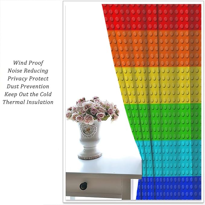 Colorful Building Block Toy Curtain Rod Pocket Children's Nursery Rainbow Contour Plastic Toy Brick Geometric Print Pattern Curtain Boys Girls Bedroom Playroom 2 Panels 42x54in