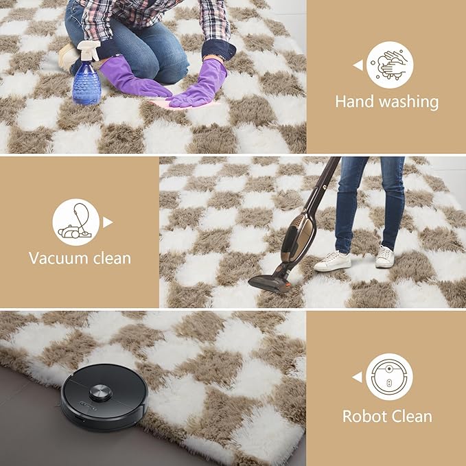 Large Shag Area Rug for Bedroom, 9x12 Ft Beige and White Area Rug Classic Checkered Shaggy Anti-Skid High Pile Soft Fluffy Rug Fuzzy Carpet for Living Room Bedroom Kids Room Nursery, Dorm Home Decor