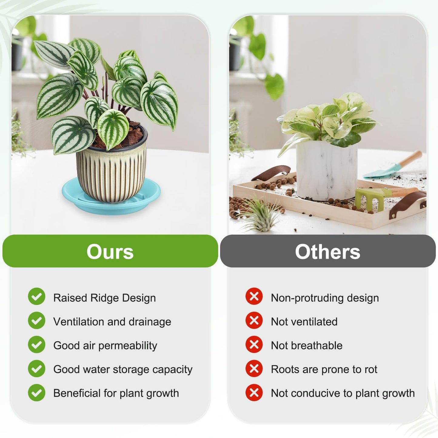 M METERXITY 2-Pack Plant Saucers, 7.3 Inch ID Anti-Rot Root Resin Flower Pot Plant Saucers for Indoor/Outdoor, Flowerpot Drip Tray [9.4 Inch OD, Light Blue]