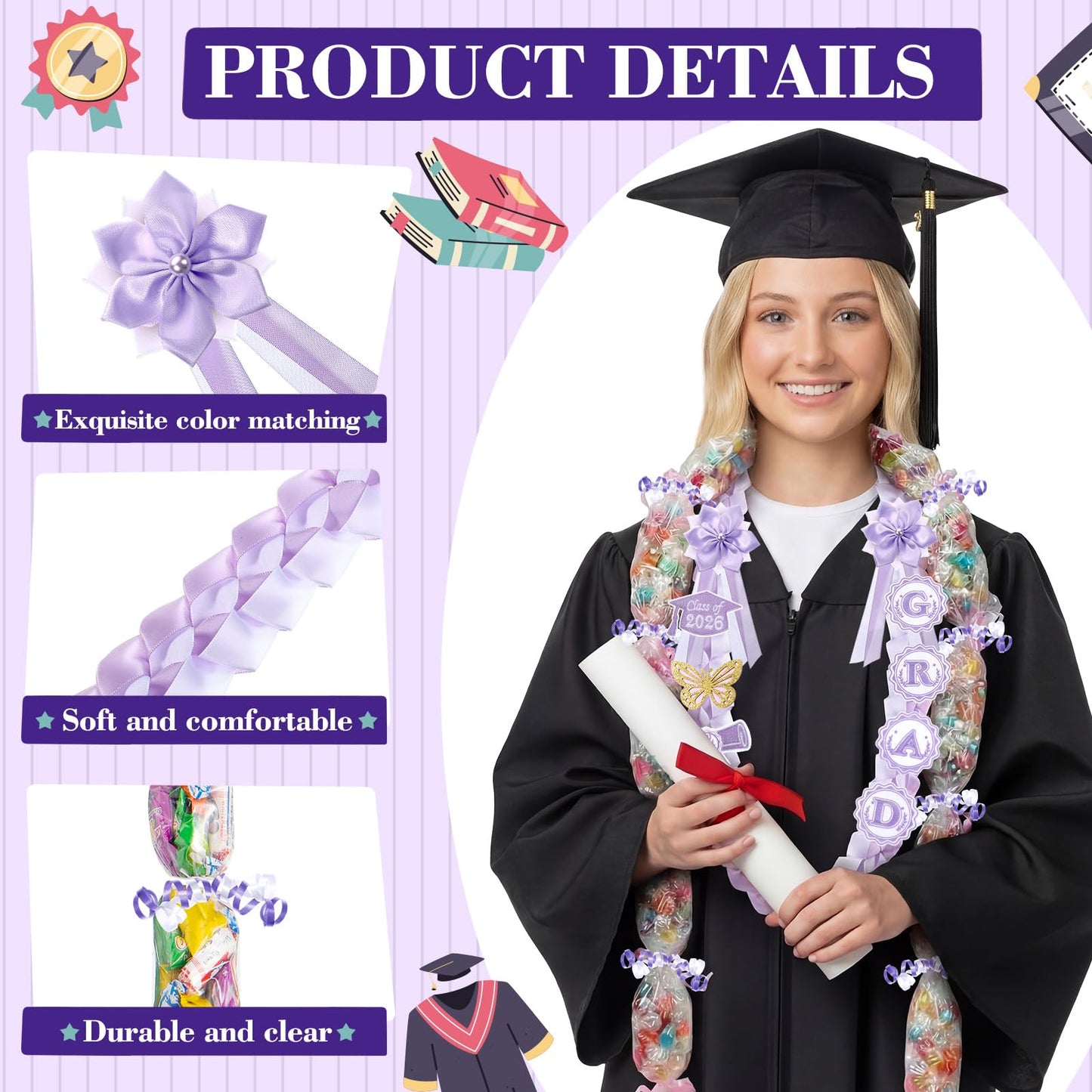 Spakon 19 Pcs Graduation Leis 2026 Graduation Candy Lei Kit Class of 2026 Ribbon Double Lei Necklace Party Accessories(Purple)