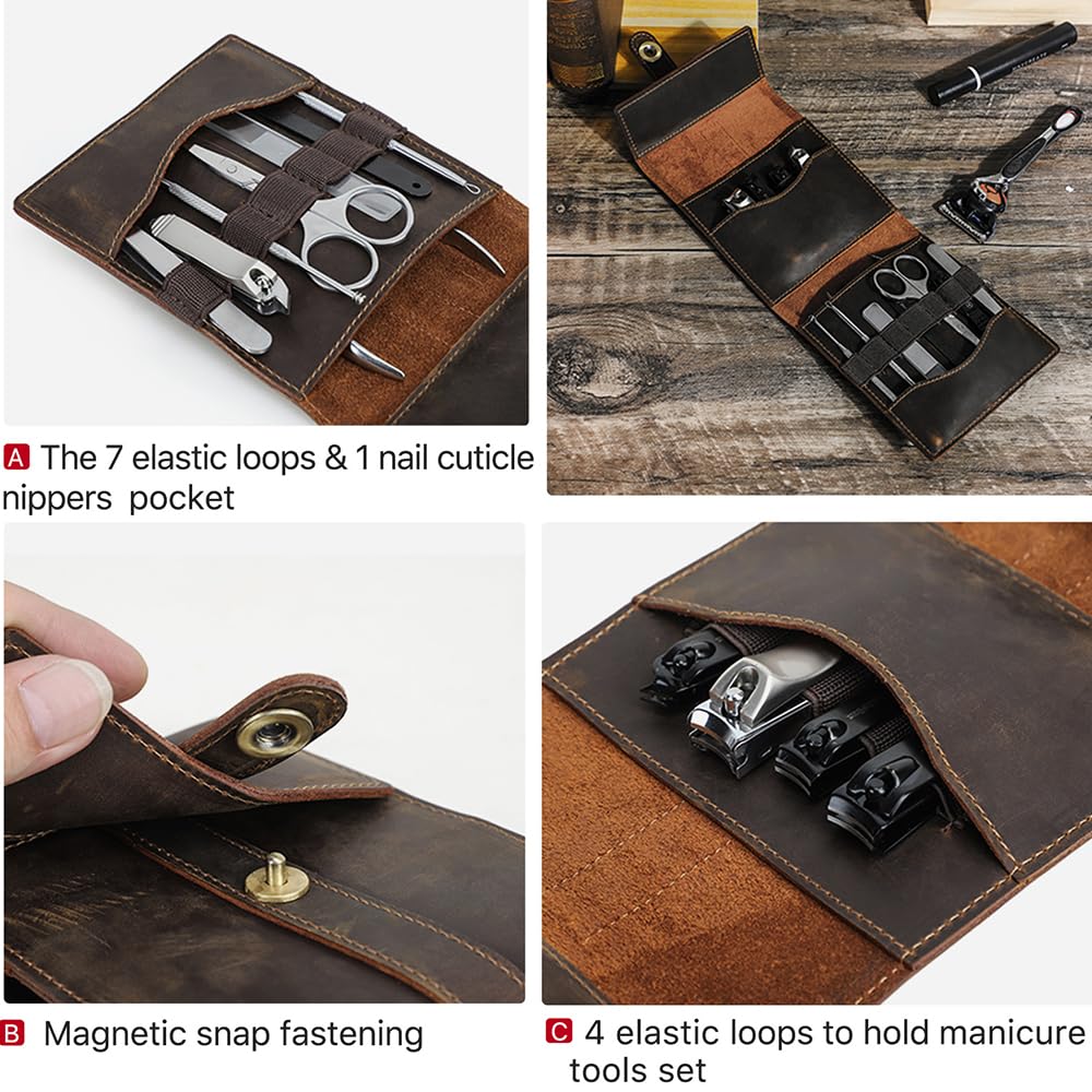 CONTACTS Full Grain Leather Empty Manicure Kit Case for Men Travel Nail Clipper Pouch Small Personal Care Tools Pouch By Handmade (Case Only)