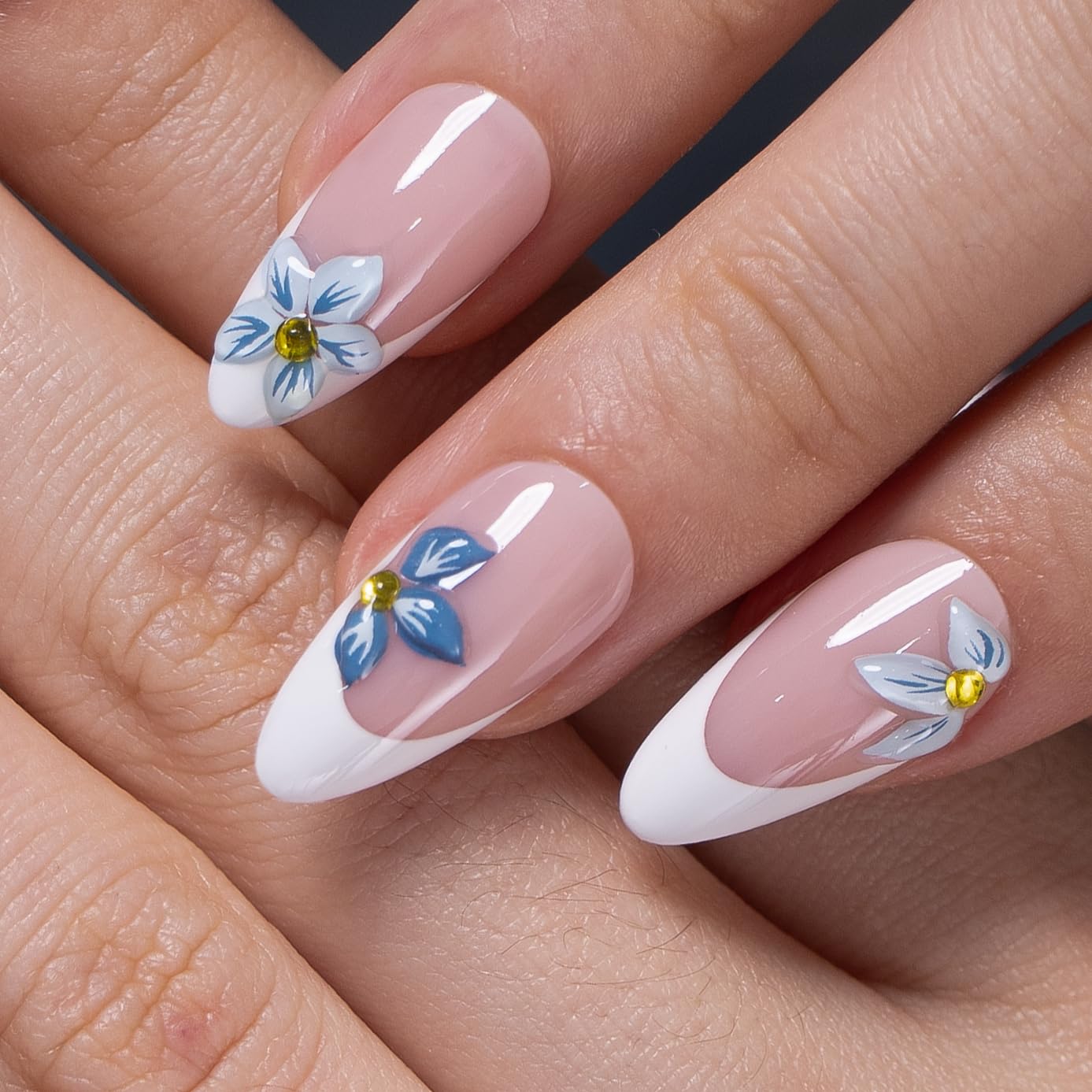 CurvLife Soft Gel Almond Press-On Nails Short,30Pcs Reusable Fake Nail Tips with Adhesive Tabs, Salon-Quality Stick-On Nails for At-Home Manicure (Azure Petals)