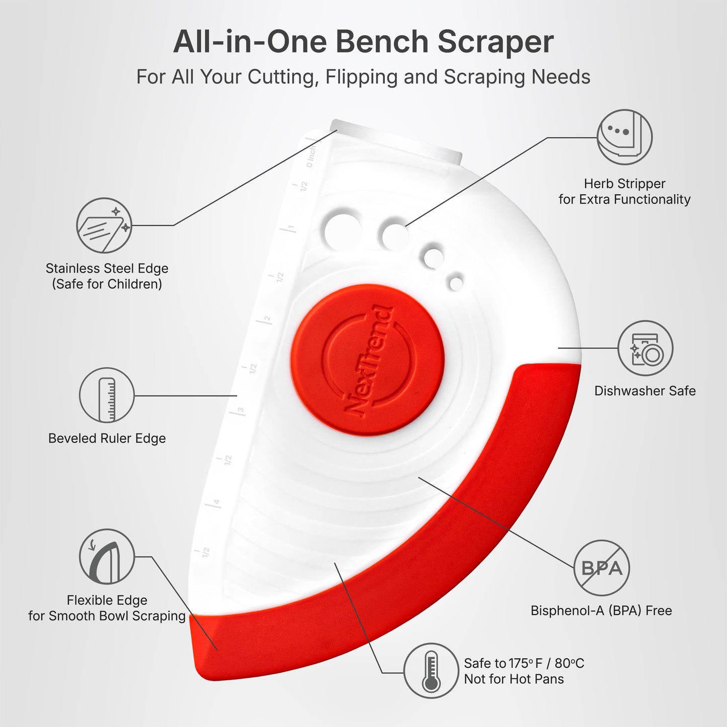 5-in-1 Dough Scraper & Flexible Bowl Scraper by Nextrend, Bread Scraper with Stainless Steel Edge, Ruler & Herb Stripper – BPA Free, Dishwasher Safe - Red