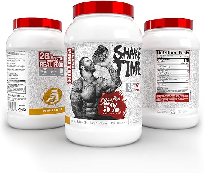 5% Nutrition Rich Piana Shake Time | 26G Animal Based Protein Drink | Grass-Fed Beef, Chicken, Whole Egg | No Sugar, Dairy, or Soy | (Peanut Butter)