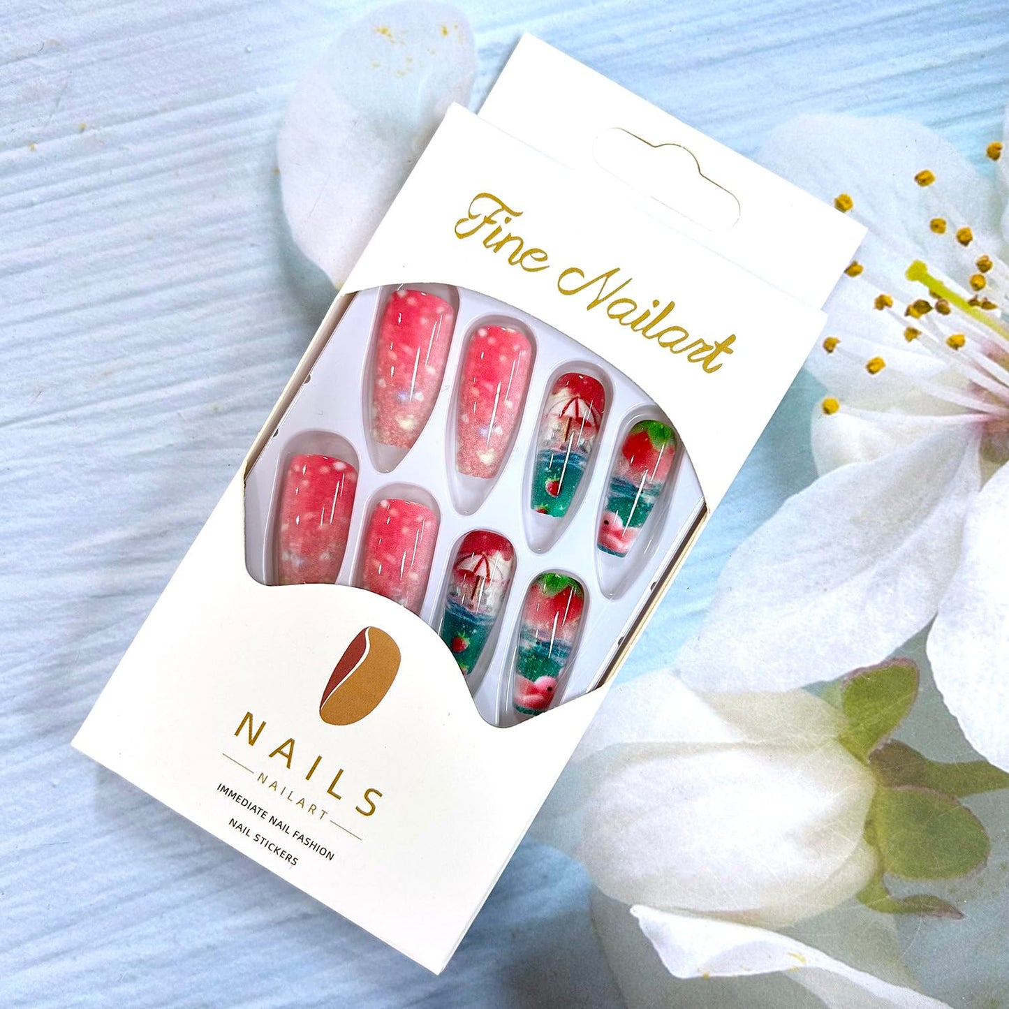 Press on Nails Long Ballet Shaped Strawberry Cute Duck Pattern Design Pink Acrylic Fake Nail Full Cover Glossy Artificial Stick on Nails Summer Artificial Fingernails DIY Glue on Nails for Women