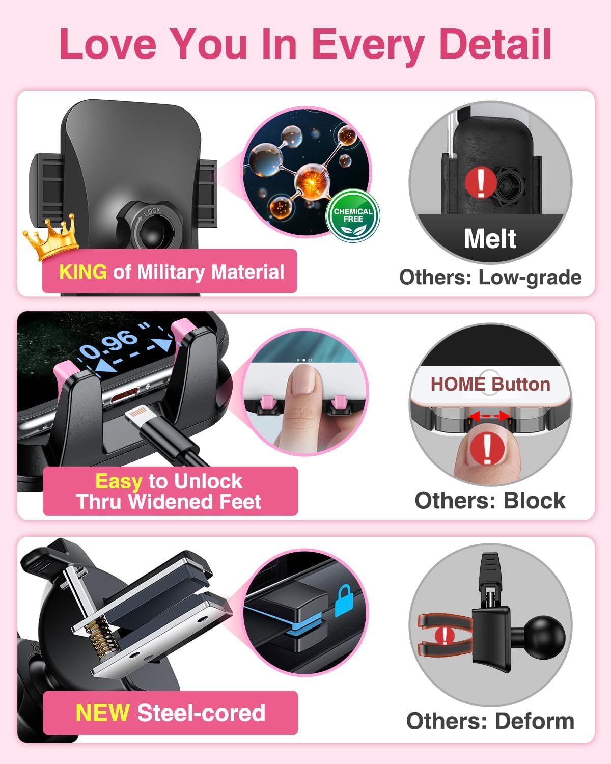 VANMASS [2024 Upgrade Phone Holders for Your Car [Super Suction Cup] Cell Phone Mount Car Dashboard Window Vent Desk Fit for iPhone 15 Pro Max 14 13 Universal Handsfree Automobile Vehicle Cradle，Pink