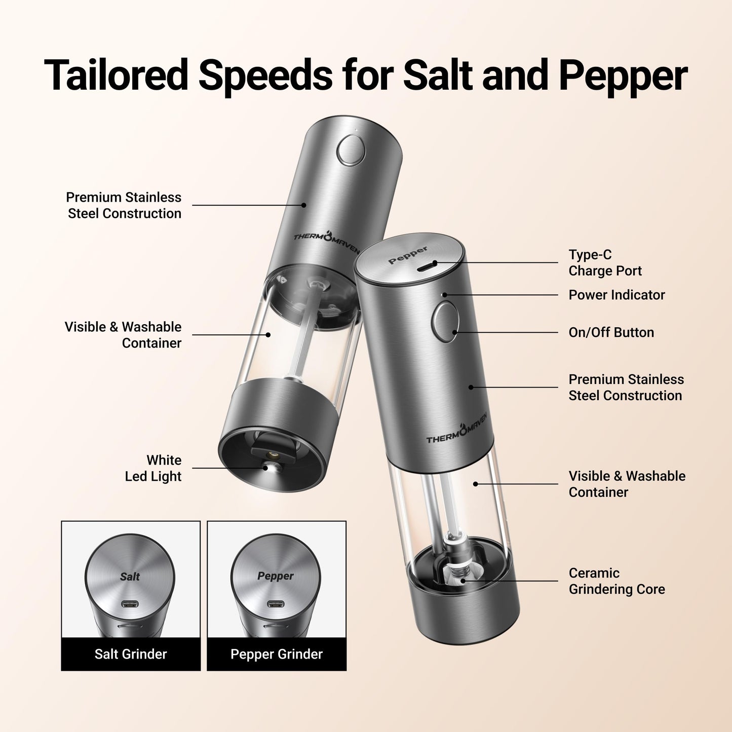 ThermoMaven Upgraded Larger Capacity Electric Salt and Pepper Grinder Set, 110ml Rechargeable Salt and Pepper Shaker with LED Light, Stainless Steel Automatic Pepper Mill with 6 Adjustable Coarseness