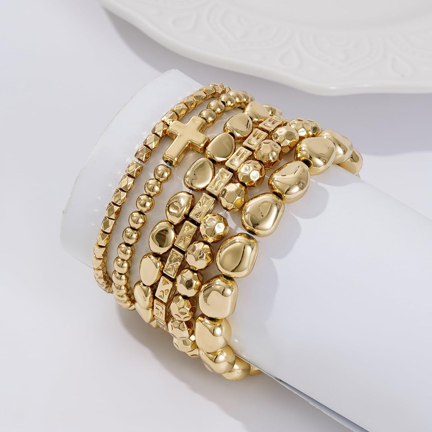 Sajidos Gold Plated Beaded Bracelets for Women Trendy, 14K Gold Plated Stack Cross Pearl Bead Stretch Bracelets Set Elastic Hypoallergenic Bracelets Jewelry Gifts (style1)