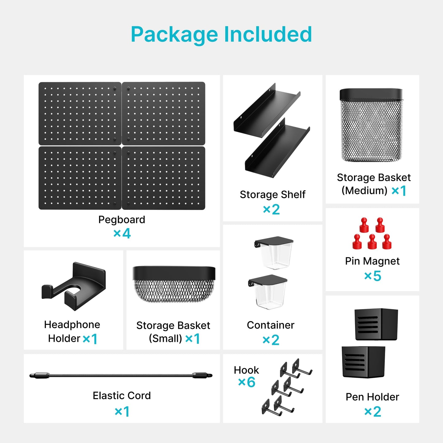 PEGZONE Pegboard Wall Organizer Combination Kit,Overall 33.1"x25.4" Metal Office Pegboard with 21 Accessories, Wall Mounted Peg board Display Panels for Home, Gaming Room, Garage (4Pcs,Black)