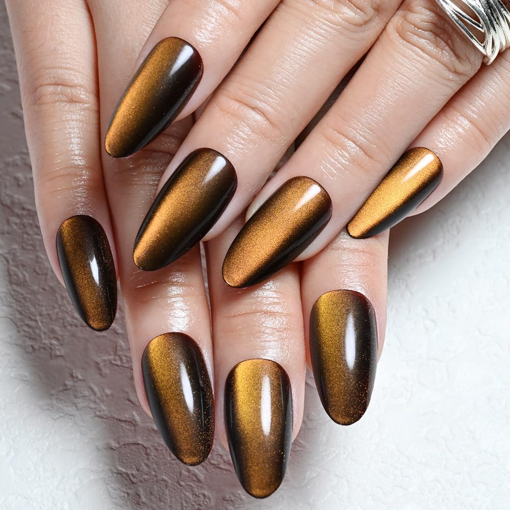 evpct Orange Red Cat Eye Chrome Press on Nails Almond Medium with Design, Holographic Medium Almond Stick on Fake Nails for Women, Glossy Cat Eye Effect, Perfectly Fit Salon-quality Soft False Nail