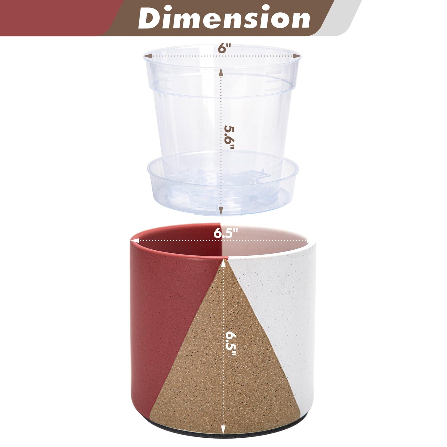 D'vine Dev 6.5" Stoneware Cachepot Planter with 6" Low Clear Nursery Pot & Detachable Saucer – Modern Indoor Plant Pot with Drainage for Bottom Watering & Root Visibility, Crimson Dune, 93-O-C-4