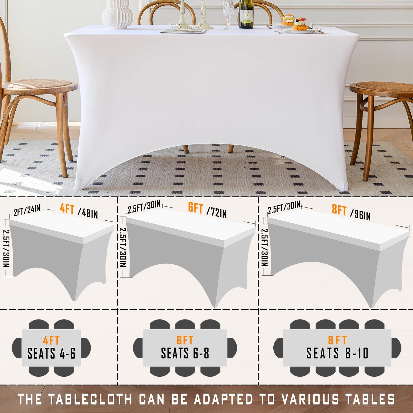 Famstar Table Cloth White 4FT Spandex Tablecloth for Rectangle Fitted Table Cloths Stretch Covers Washable Wrinkle Free Tablecloths for Festival Camping Picnic Wedding Party