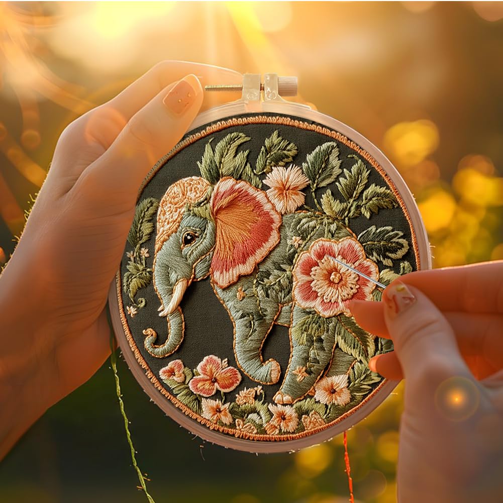 Eforcase Embroidery Starter Kit for Adult Beginner with Cute Elephant Animal Floral Pattern Cross Stitch Hand Embroidery Set DIY Cross Stitch Kits with Hoops Needles Threads
