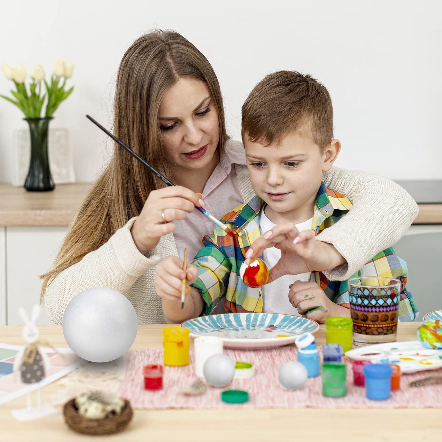 48PCS Solar System Model Foam Ball Kit Includes 10 Sizes Polystyrene Spheres Balls, Bamboo Sticks, Toothpick Flags, 12 Color Pigments, Brushes, Paint Tray Palette for School Science Projects