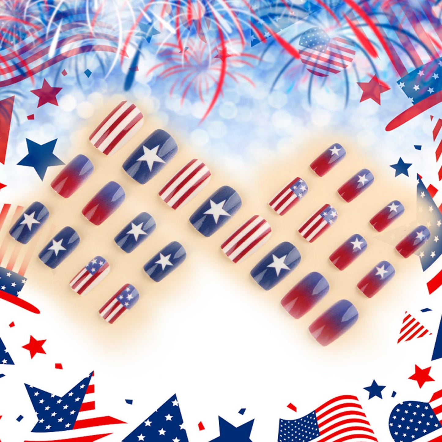 American Flag Fake Nails 24 Pcs Independence Day Acrylic False Nail 4th of July Press on Nails Glossy Red Gradient Glue on Artificial Fingernails HZJXRT Medium Square Stick on Nail for Women Gift