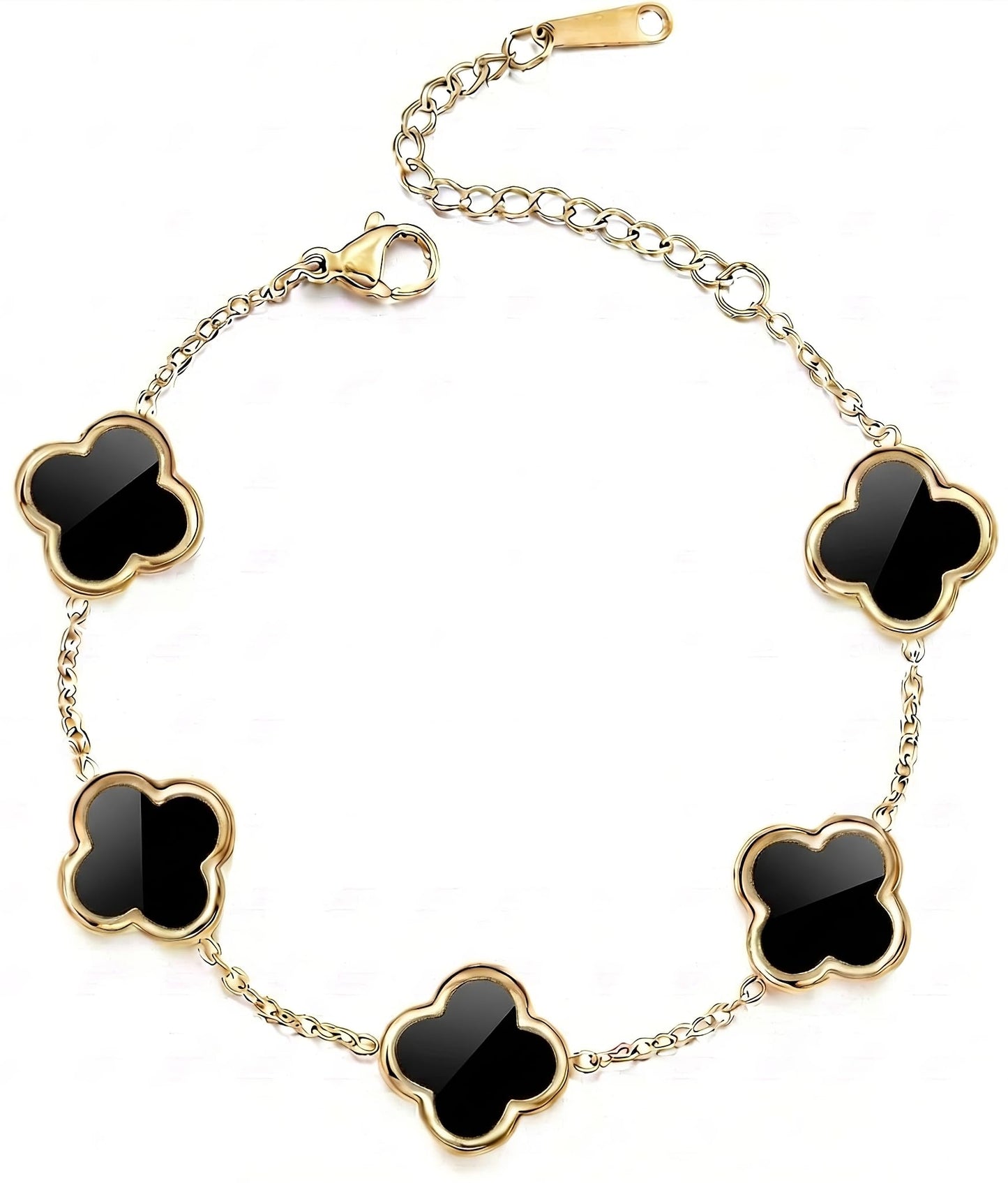 SHINYY Four Leaf Clover Bracelet for Women | 18K Gold Plated Cubic Zirconia Link Bracelet | 4 Leaf Lucky Jewelry Gift for Her (Black Gold Simple)