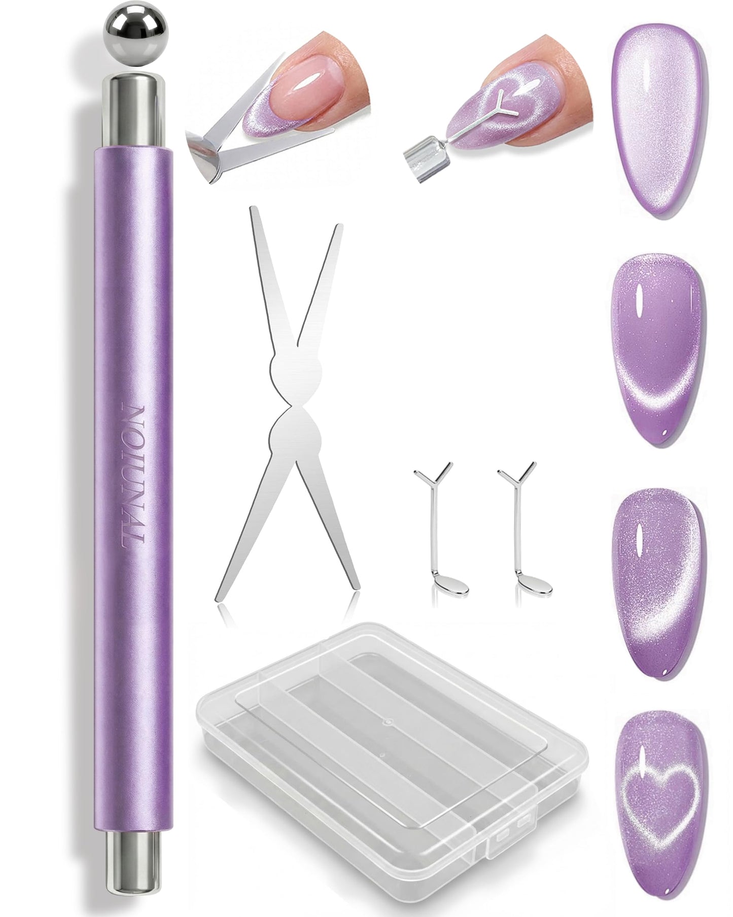 Cat Eye Magnet Set, Cat Eye Magnet for Nails, 3 in 1 Cylinder & Ball Nail Magnet Pen, Heart-Shaped & French-Shaped Magnets for Nails, Nail Art Tool, Home DIY Purple