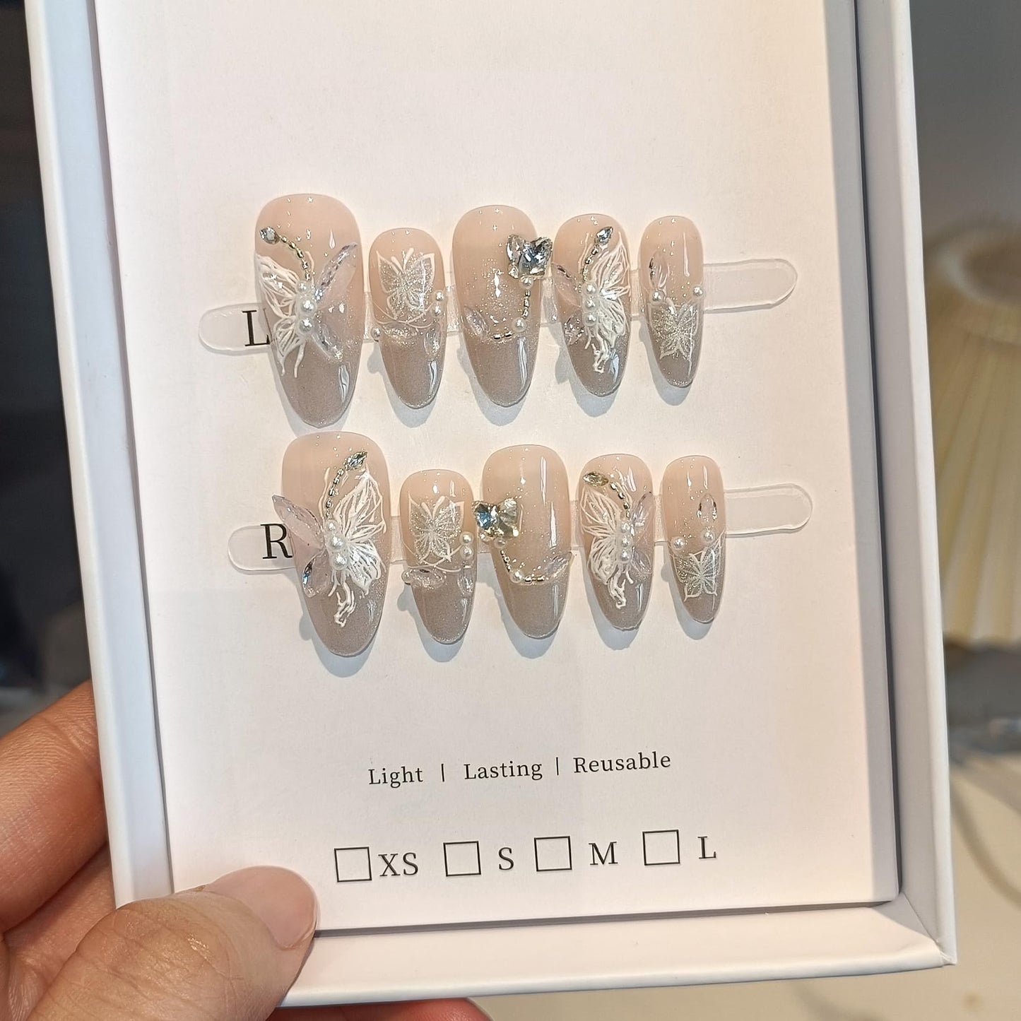 TENPAL 3D Butterfly Cat Eye Glitter French Press on Nails Medium Almond,Galaxy Icy Shimmer Rhinestones Designs with Full Manicure Kit 10pcs(XS)