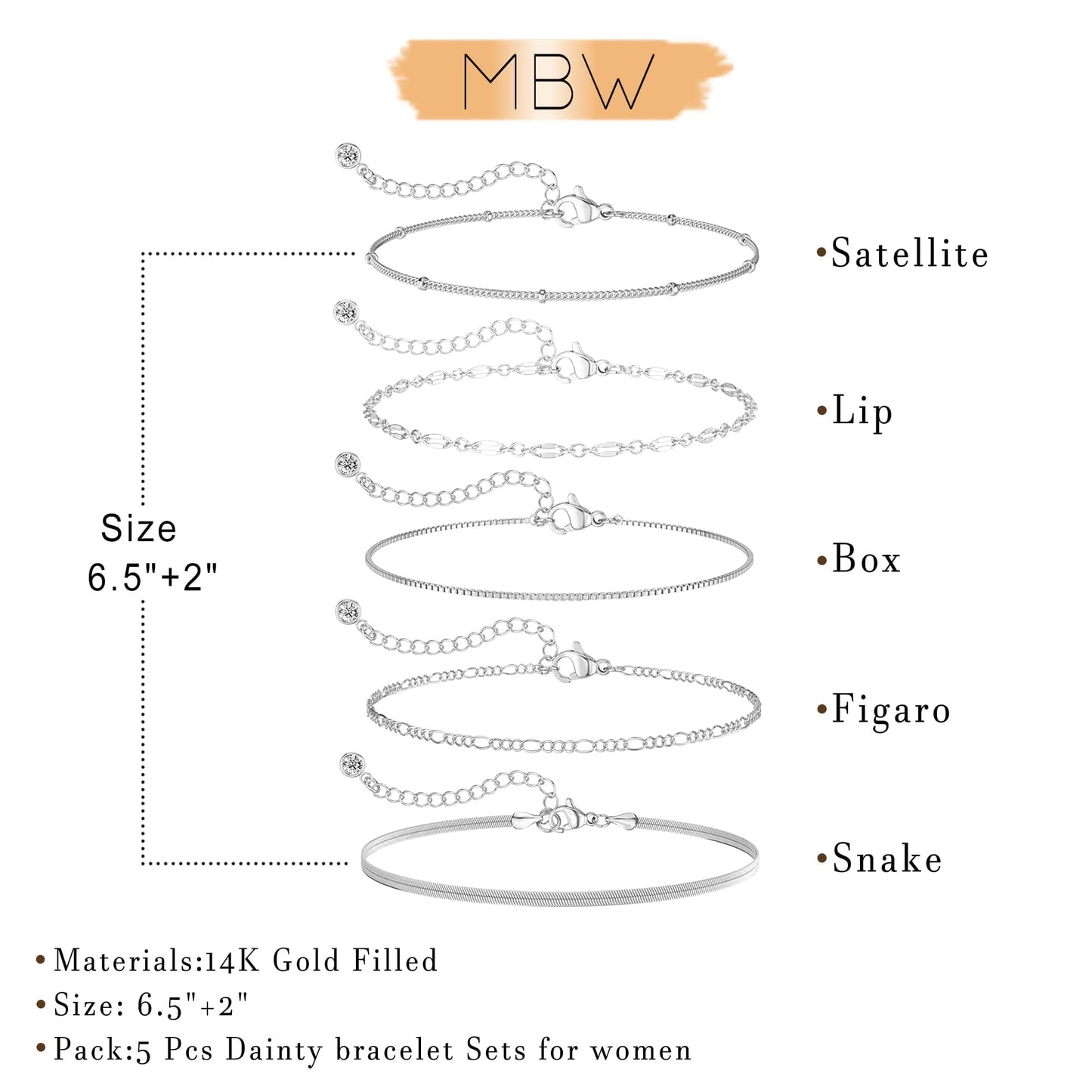 Dainty 14K Silver Plated Bracelets for Women Trendy - Waterproof Stackable Bracelet Set - Perfect for Stylish Women