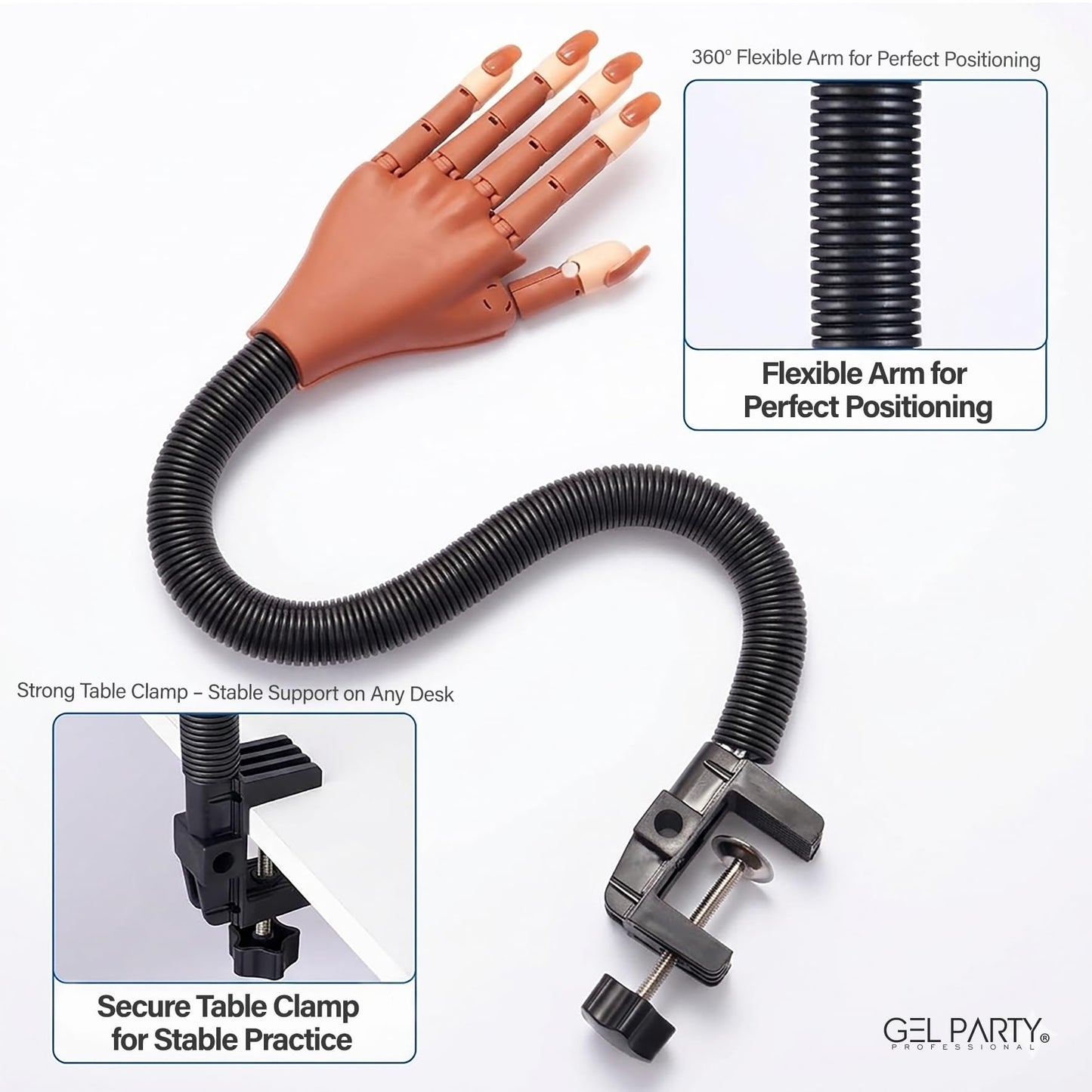 GELPARTY Flexible Nail Practice Hand with Table Clamp – Professional Manicure Training Hand for Acrylic & Gel Nails – Includes 100pcs Replacement Brown Tips, Adjustable & Reusable (Basic Hand Set B)