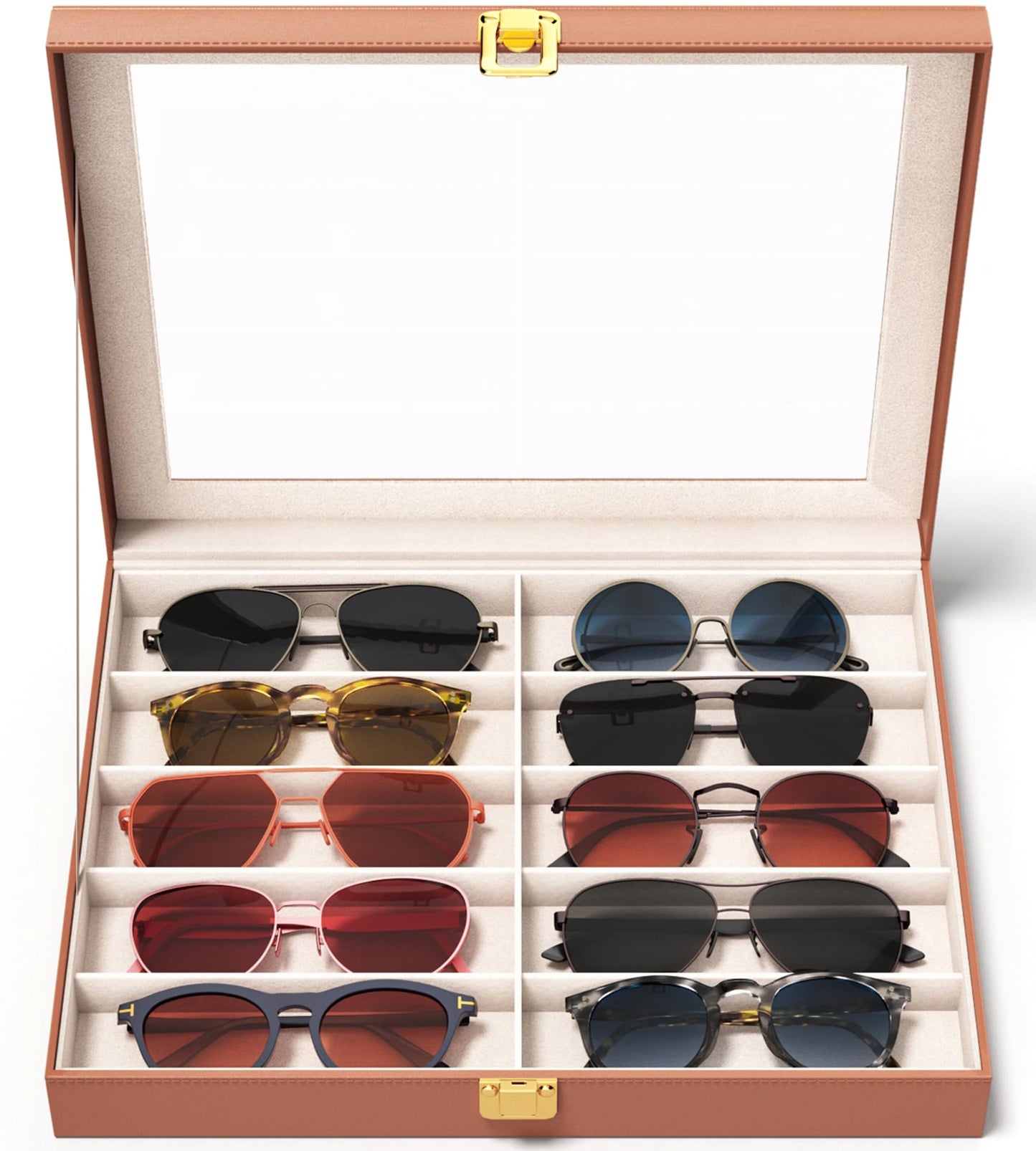 sensok Sunglasses Organizer Storage Box - 10 Slots Eyeglass Display Case for Multiple Pair Glasses, Sunglass Holder with Clear Glass Lid, Jewelry and Watch Collection Box for Women and Men, Brown