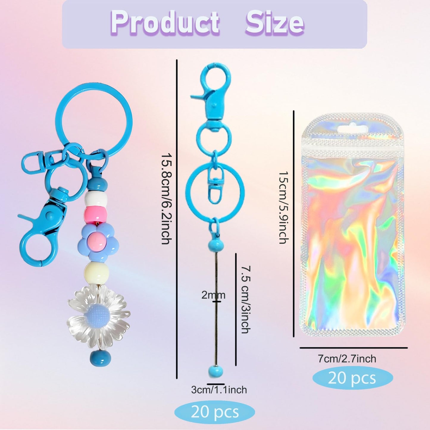 40 Pcs Beadable Keychain Bars Making Kit, 20 pcs Beaded Keychains Bulk + 20 pcs Holographic Packaging Bags,Colorful Bead Keychain Supplies kit for DIY Beads Purse Keychains Pendant Gifts Craft