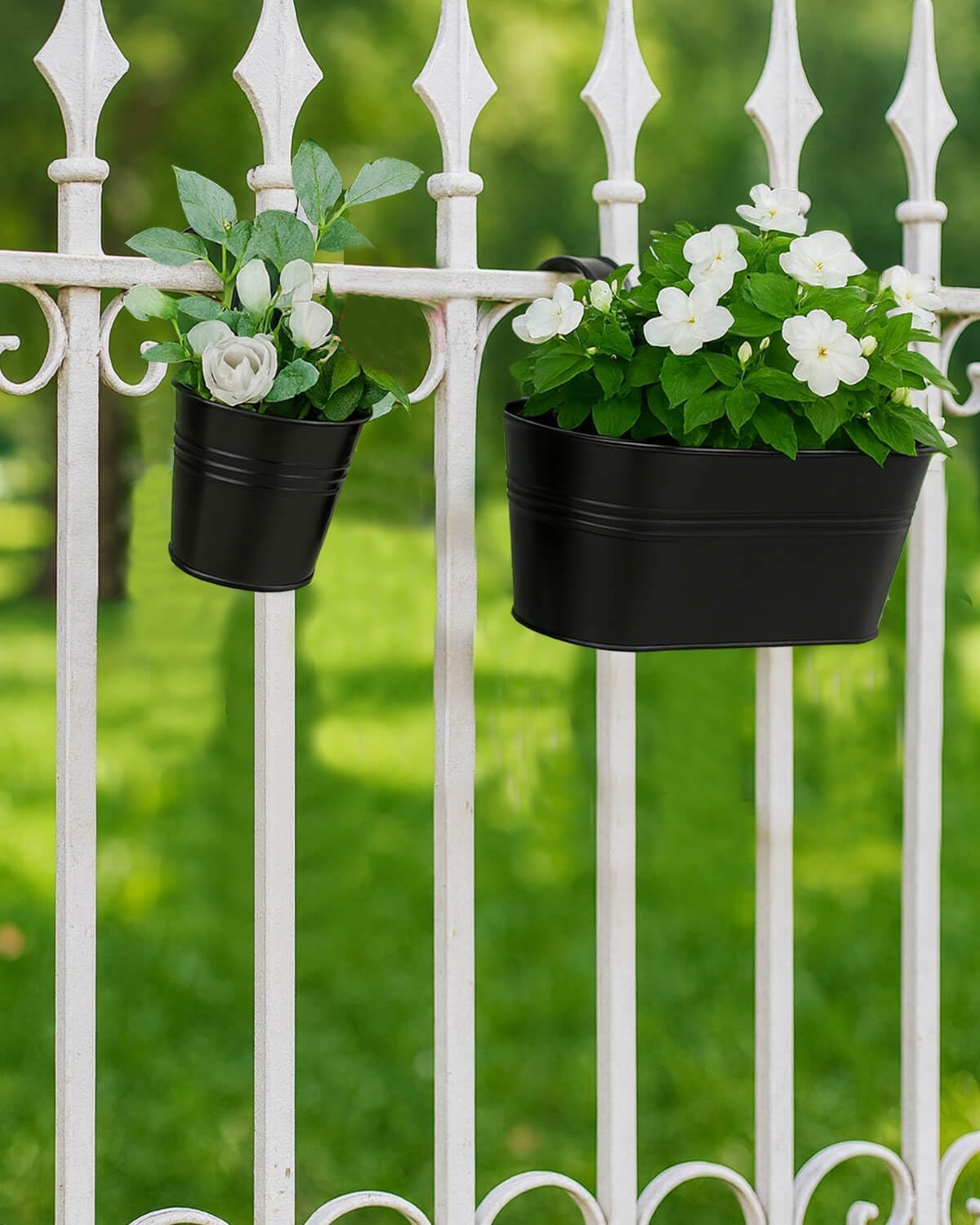 vensovo 6 Pcs Metal Railing Planters Set, 10.8" Oval & 5" Round Hanging Flower Pots with Detachable Hooks, Black Fence Planter Baskets for Outdoor Plants, Herbs & Succulents, Garden Decor