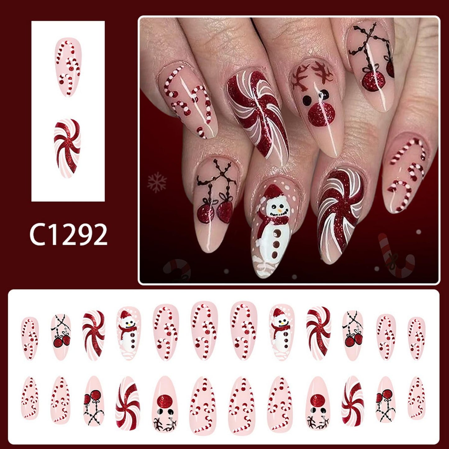 Xmas Press on Nail Medium Length Fake Nails Full Cover Almond Shape Press ones with Deer Snowman Candy Cane designs Christmas Glue on Nails Glossy Red Cute Holiday False Nails for Women Holiday 24pcs