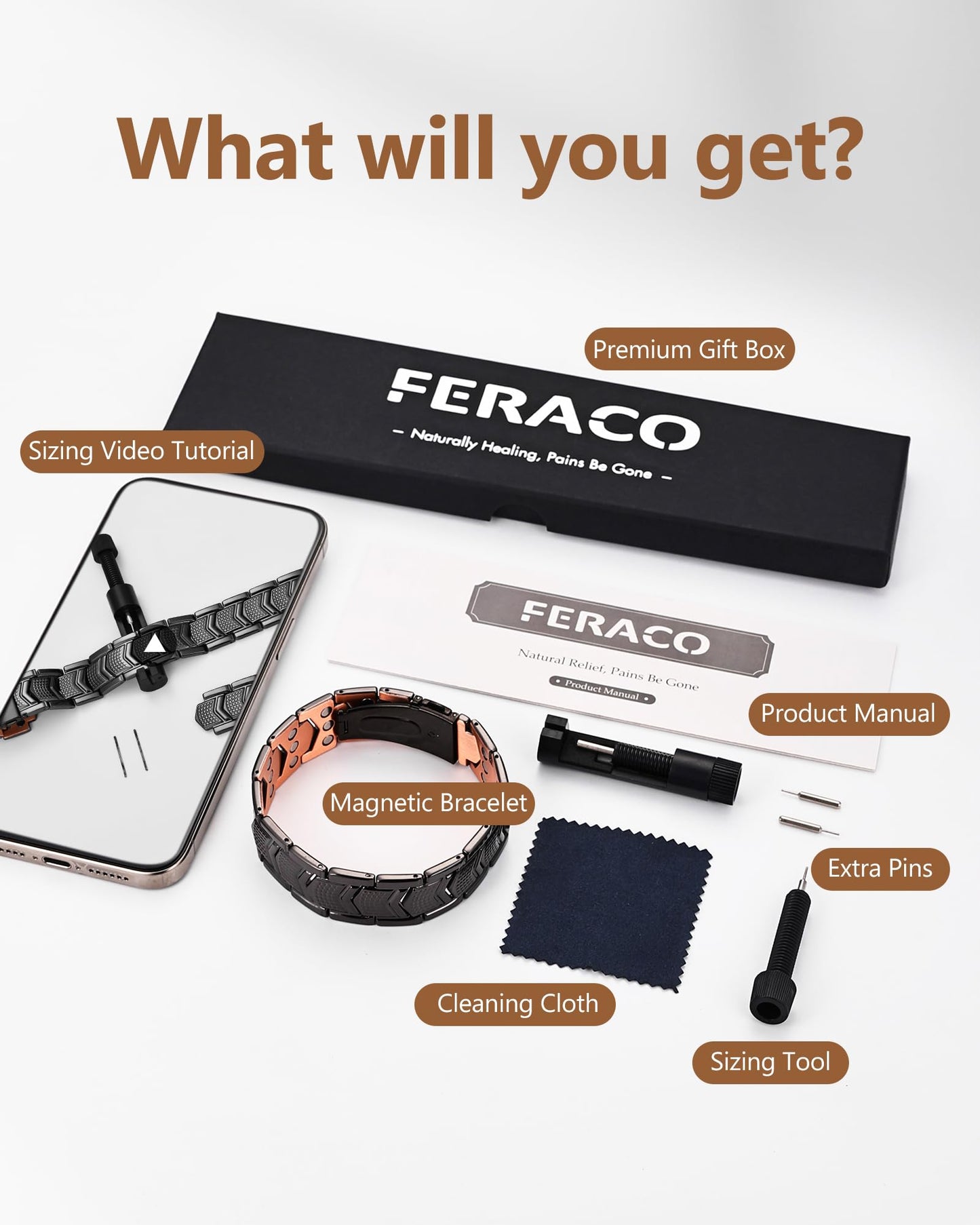 Feraco Copper Bracelet for Men 3X Strength,Magnetic Therapy Bracelet Copper Jewelry with Powerful 3800 Gauss Magnets,Cooper Bracelet for Man,Premium Fold-Over Clasp(Black)