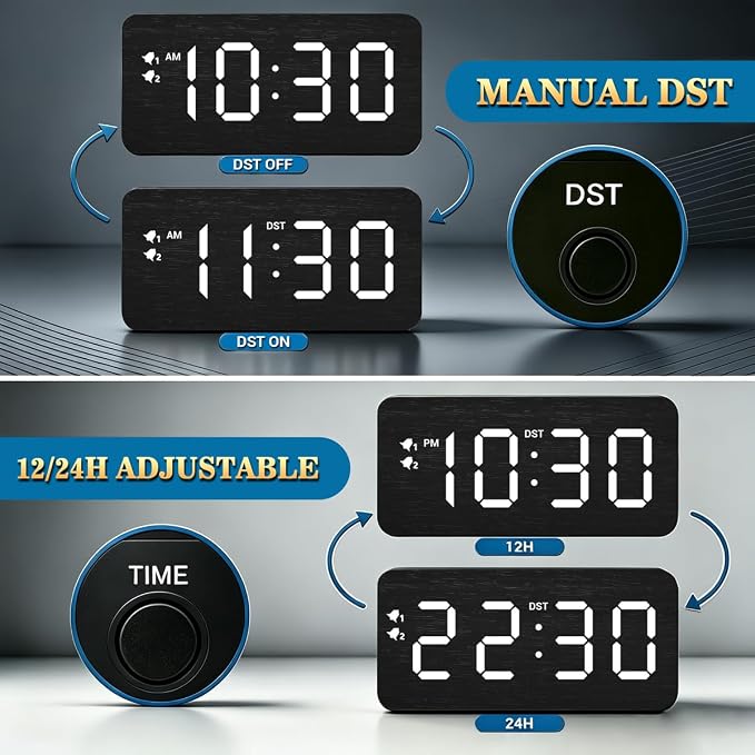 URAYCO Wood Digital Alarm Clock with 10W Fast Wireless Charger, USB Charging Ports, DST, Dimmable, Snooze, Large Number LED Display for Bedrooms, Desk, Living Room Table, Bedside, Nightstand (Black)