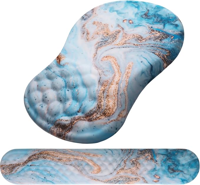 Mouse Pad Wrist Support, Laokiiy 2 in 1 Keyboard Wrist Rest+ Ergonomic Mouse Pad, Non-Slip Wrist Rest for Computer Keyboard, Made Easy Typing & Relieve Wrist Pain(White Gold Beach Marble)
