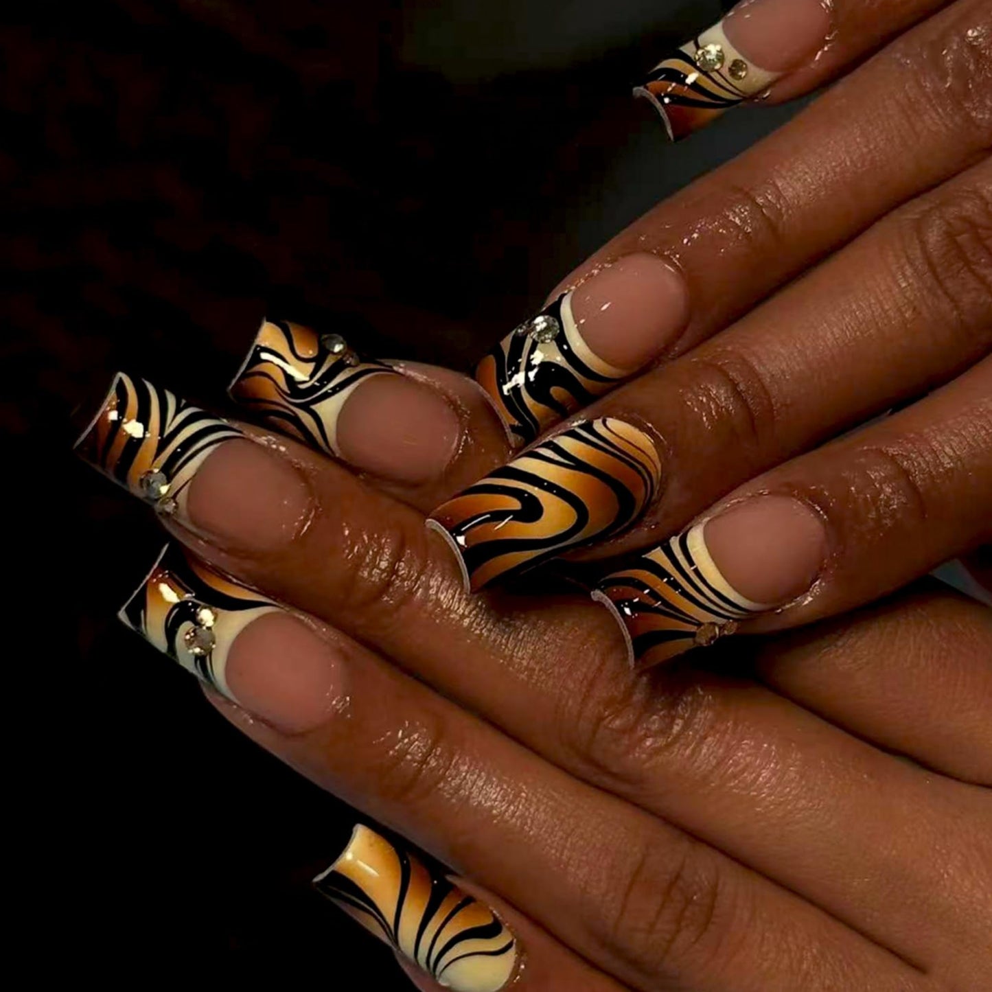 Square Press on Nails Medium Fake Nails Brown Acrylic Nail Press ons SEENEEY Tiger PrintDesigns Rhinestones Stick on Nail for Women 24pcs