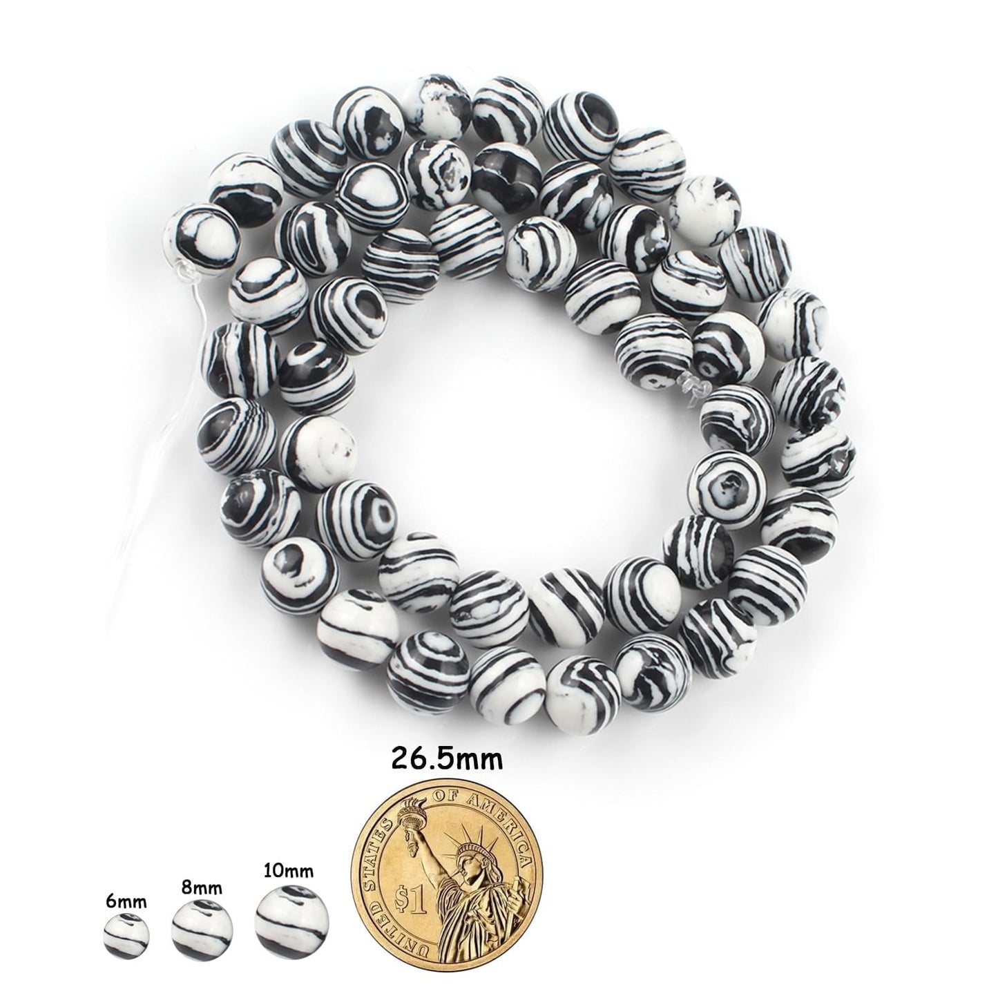 Yochus 45pcs Synthesis Colour Malachite Beads，8mm Black White Striated Ntural Stone Round Loose Beads for Jewelry Making Earring Necklace DIY Crafts