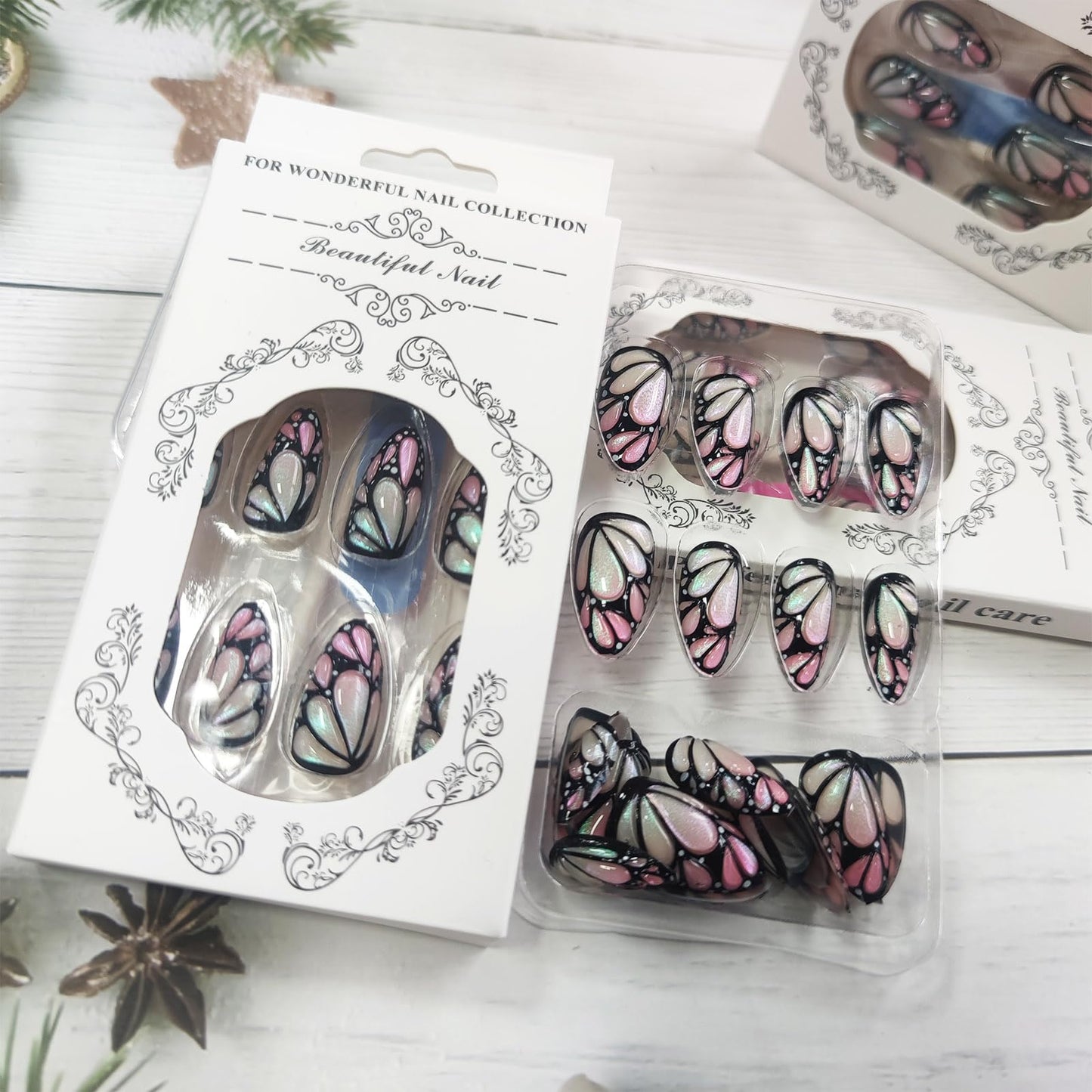 Butterfly Wing Press on Nails 3D Butterfly Wing Stick on Nails Black Curve Line Acrylic Fake Medium Almond Nails 24 Pcs Glossy Multicolor Glitter False Nails Wing Gel Glue on Nails for Women Girls