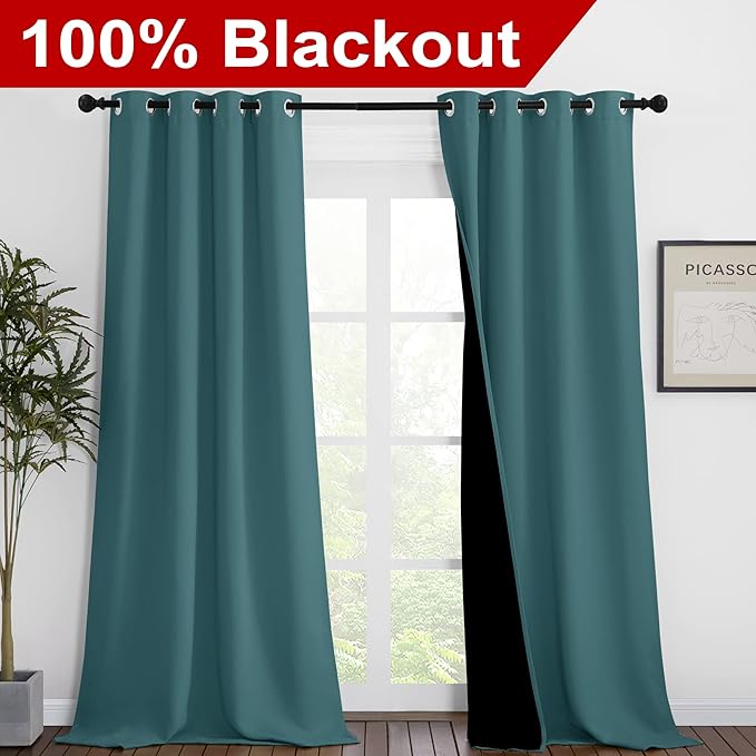 NICETOWN 100% Blackout Blinds, Laundry Room Decor Window Treatment Curtains, Thermal Insulated Energy Smart Drapes and Draperies for Villa, Hall and Studio, Sea Teal, Set of 2, 46 inches x 90 inches
