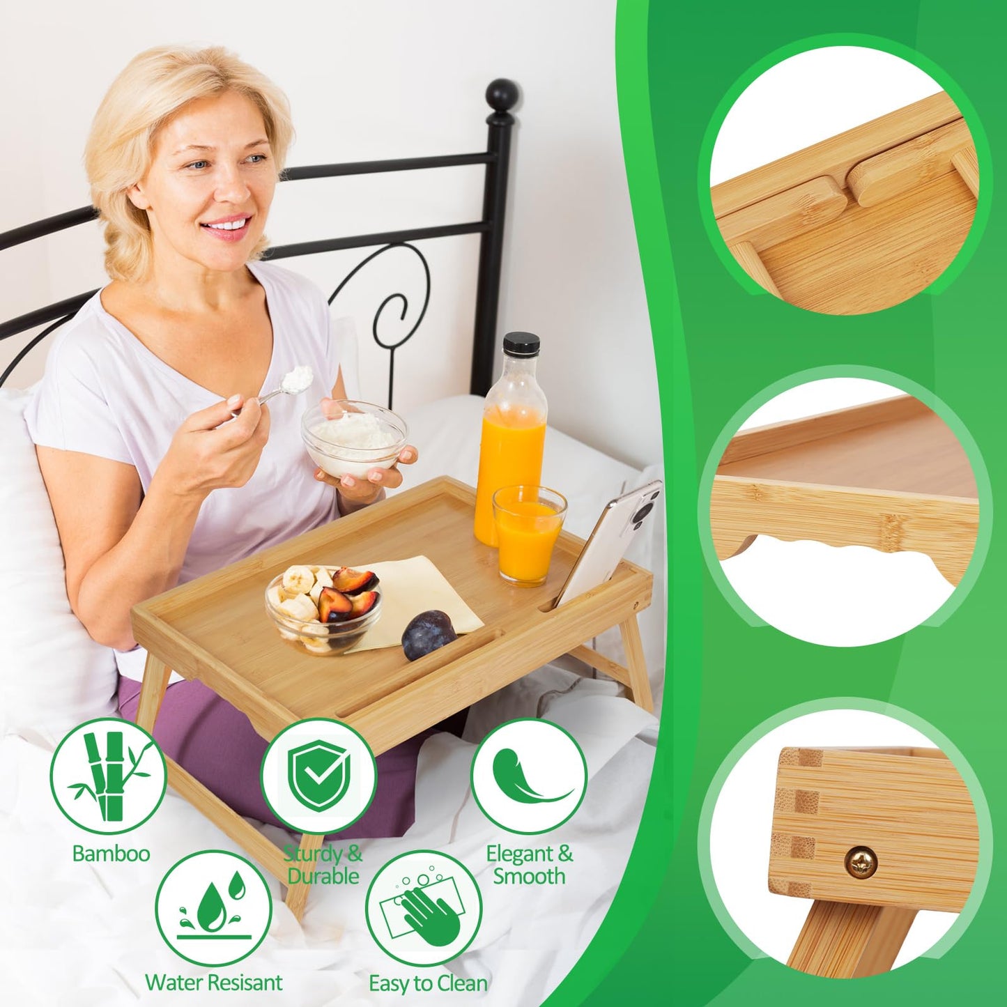 Bed Tray Table with Handles Folding Legs, Bamboo Breakfast Food Tray with Media Slot, Use As Platter, Laptop Desk, Snack, TV Tray Kitchen Serving Tray(Bamboo Medium)