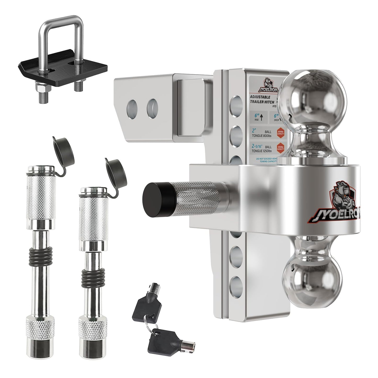 Adjustable Aluminum Trailer Hitch Ball Mount for 2" Receiver, Includes 2.5" Sleeve Adapter, 6" Drop/Rise, Dual Ball 2" & 2-5/16", 12,500 lbs GTW, Hitch Tightener with Locking Pins