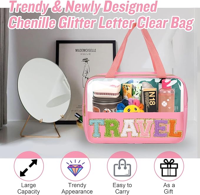 Preppy Clear Travel Makeup Bags with Chenille Letter Patches, Travel Essentials Large Clear Make up Bag Zipper Pouch with Handle, Waterproof Nylon Cosmetic Toiletry Storage Tote for Women(TRAVEL-Pink)