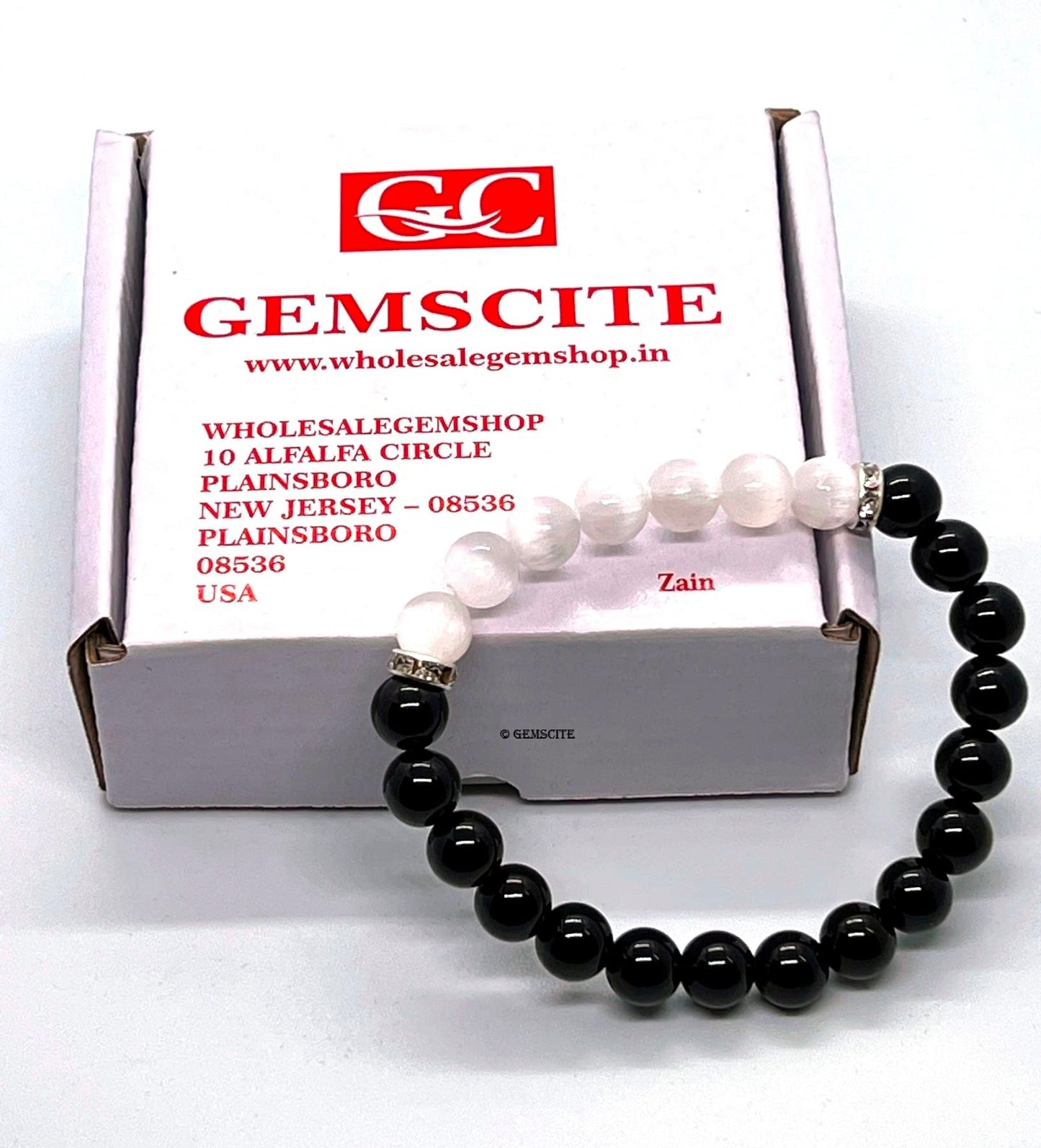 GEMSCITE Natural Black Obsidian and Selenite Crystal Bracelet for Chakra Healing & Energy Balancing
