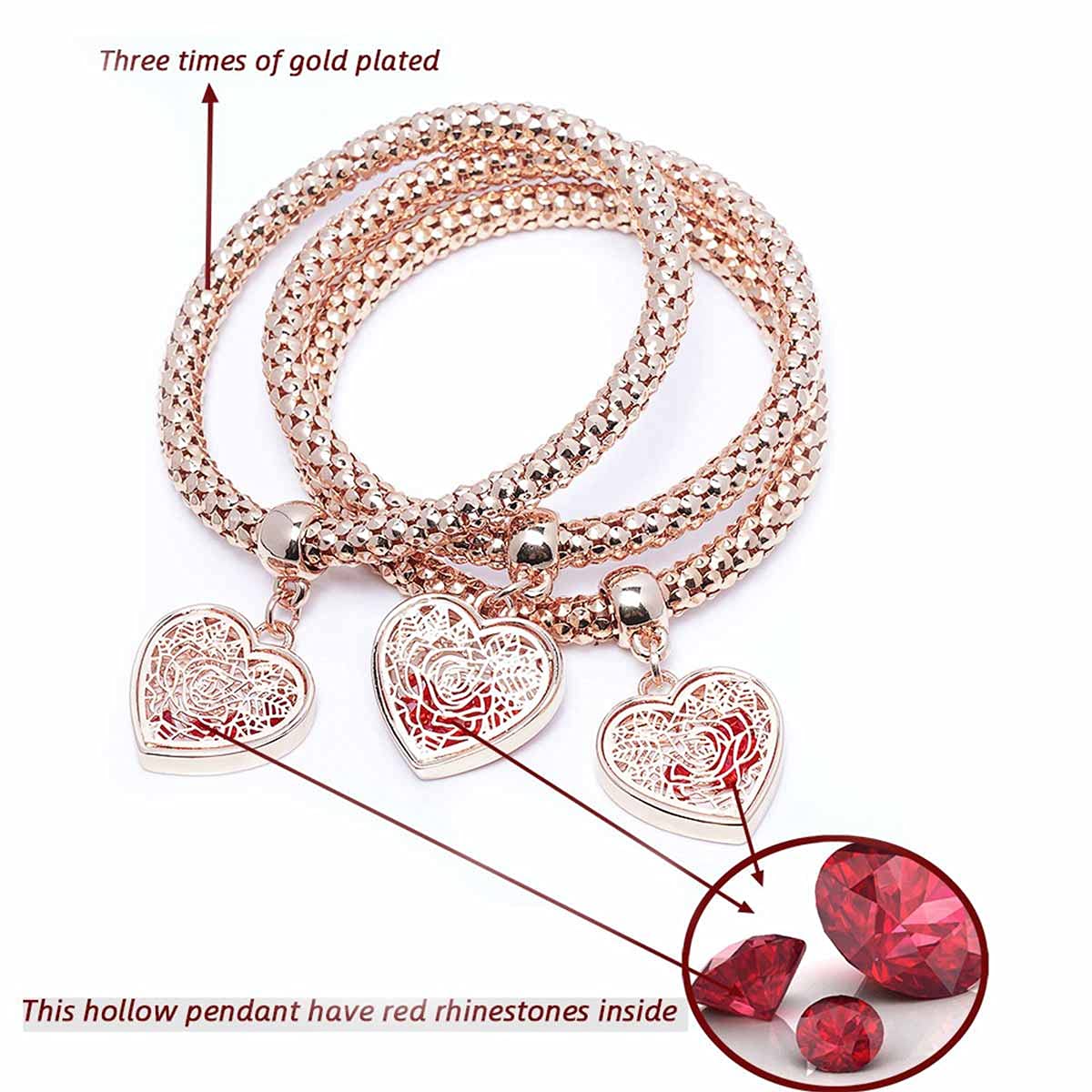 SILANER Crystal Love Charms Multilayer Bracelets - 3PCS Gold/Silver/Rose Gold Corn Chain Bracelet for Women, Rose Heart Charm Shaped Stretch Bracelet