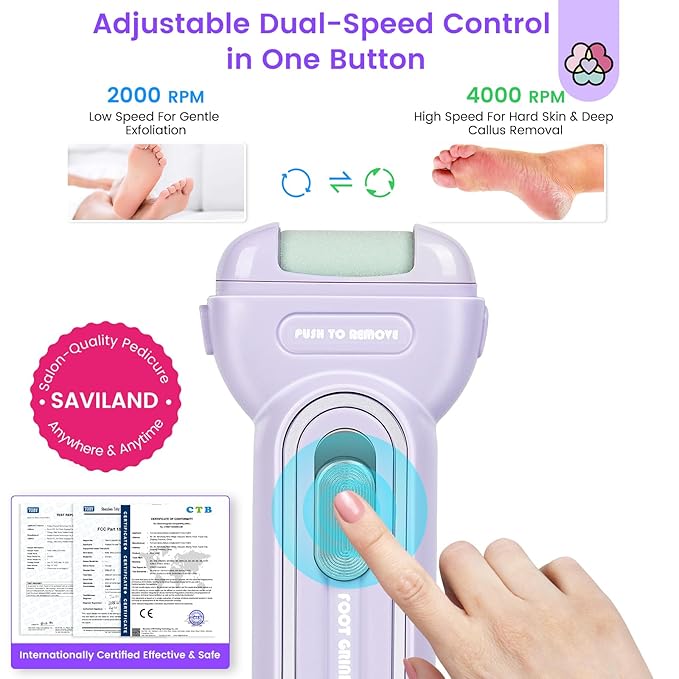 SAVILAND Electric Foot Scrubber 4000 RPM: Professional Callus Remover for Feet Hard Cracked Dry Skin Rechargeable Travel Foot File With 3 Roller Heads Waterproof Pedicure Kit Gifts for Athletes Women
